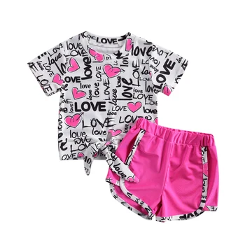 OPPERIAYA Děti Baby Girls 2-dílná Letní Valentýna Oblečení Nastavit Krátký Rukáv Srdce Tisk Topy Šortky krásný Set pro Děti