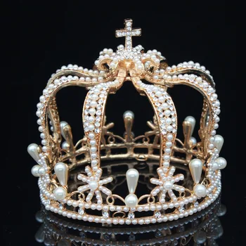 Pearl Svatební Královna Král Diadém Koruny Pro Svatební Ženy/Muži Průvod Plesové Ozdoby Do Vlasů Svatba Nevěsta Vlasy Šperky Příslušenství