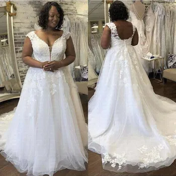 Plus Velikost Africké Svatební Šaty 2021 Sexy V-neck Krajky Nášivky s hlubokým Výstřihem Vestido De Noiva Svatební Šaty