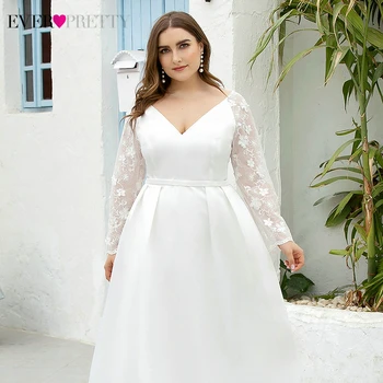 Plus Velikost Bílé Svatební Šaty Ever Pretty EP00707WH-Line V-Neck Plný Rukáv Satén Svatební Šaty Pro Nevěstu Suknia Slubna