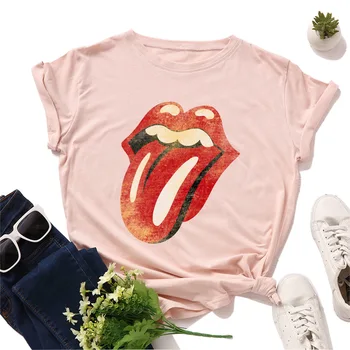 Plus Velikost Grafické Tees Ženy Topy Tongue Print T Shirt Bavlněné Tričko Svetr O Krk Krátký Rukáv Košile Dna