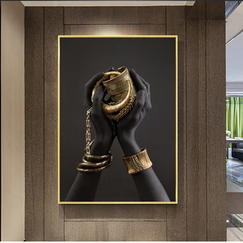 Plátno Tisků Černá Žena Ruce S Zlaté Šperky, Malování Na Zeď Umění Severské Plakát Modulární Obrázky Obývací Pokoj Domácí Dekor Rámu