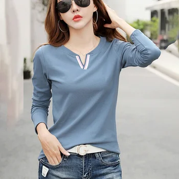 Podzimní t-shirt long sleeve v neck jednoduchý lady košile slim plus velikost solid color elegantní top žena korejský streetwear příležitostné topy