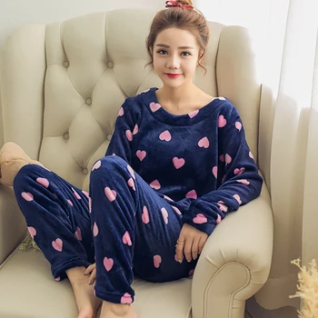 Pyžama Nastaví Ženy Volný čas Coral Velvet Denní Zahušťování Teplé korejský Styl Dámské Měkké O-krk Elegantní oblečení na Spaní Nové Tištěné Volné
