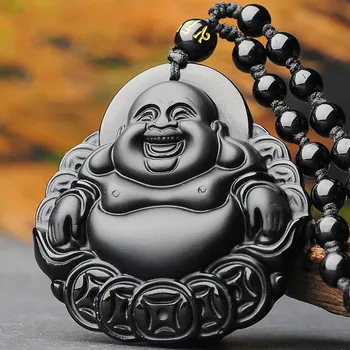 Přírodní Černý Obsidián Peníze Jade Buddha Přívěsek Náhrdelník Čínský Ručně Vyřezávané Módní Šperky Příslušenství Amulet pro Muže, Ženy