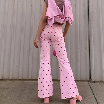 Růžové Srdce Tištěné Světlice Kalhoty Dámské Rovné Volné Populární Korejské Teenagery Vysokým Pasem Kalhoty Módní Streetwear
