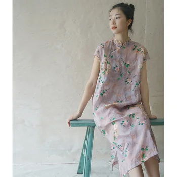SCUWLINEN 2020 Ženy Letní Šaty Elegantní Camellia Tisk Krátký rukáv Ramie Šaty Dlouhé Štíhlé Lepší Cheongsam P257
