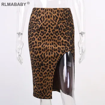Sexy Rozdělit Přední Leopard Tisk Ženy Sukně Móda Slim Vysokým Pasem Sukně Ležérní Streetwear Balíček Hip Kolena-Délka Ženské Sukně