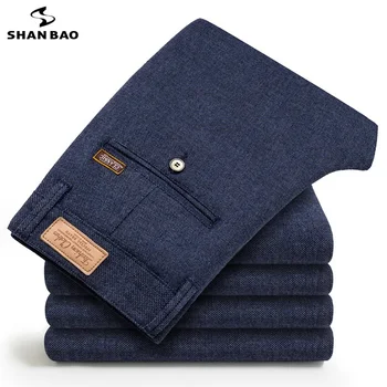 SHANBAO podzimní a zimní pánské přímo ležérní kalhoty mírně husté měkké, pohodlné, stretch bavlna kartáčovaný business kalhoty