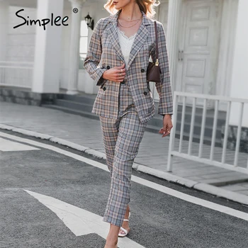Simplee Elegantní ženy kostkované dvoudílné sako obleky Dlouhé rukávy, dvouřadový kabát, kalhoty sady Módní Office lady oblek sako