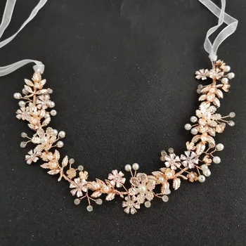 SLBRIDAL Ručně vyráběné Pevné Rose Gold Crystal Kamínky Perly Svatební Vlasy příslušenství Přilby Svatební Čelenka Ženy Šperky