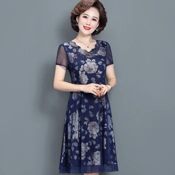 Středního věku a starší šaty ženy letní 40-rok-starý šití tištěné šaty ležérní mid-length šaty mid-length 10 barev