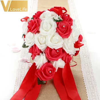 Svatební Svatební Drží Kytici Evropské Umělé Růže Květiny Krystal, Slza Družička Dekor Falešné Květina Růžová Přizpůsobit