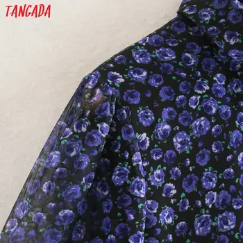 Tangada Módní Ženy Volánky modré Květinové Tisk Šaty Košile Zase Dolů Límec Mesh Patchwork Dlouhý Rukáv Vintage Vestidos 2XN166
