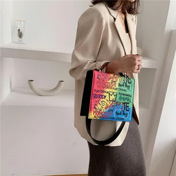 Tašky pro ženy 2020 podzimní a zimní nové osobnosti kontrastní barevné graffiti přenosné malé náměstí taška přes rameno messenger bag