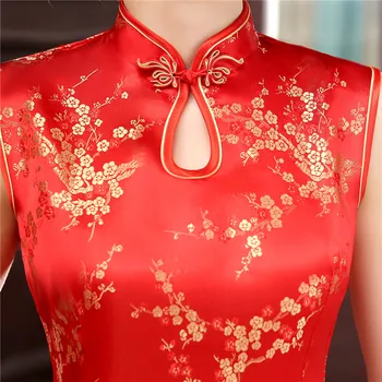 Tradiční Čínské Dlouhé Šaty Ženy Hedvábný Satén bez Rukávů Cheongsam Velikost: S až 3XL