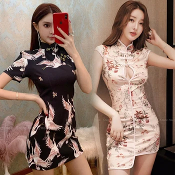 Tradiční čínské Šaty pro Ženy Jeřáb Tištěné Retro Sexy Cheongsam Elegantní Slim Sukně Qipao Banket Hanfu noční Klub Šaty