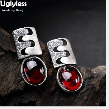 Uglyless Skutečné 990 Jemné Stříbrné Šperky Přírody Červený Kámen Houpat Náušnice pro Ženy Retro Vzory Double E Brincos Ručně Bijoux