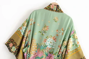 Uschlé indie folk vintage český tropické Páv volné kimono vesty ženy tisk podzimní dlouhé sako ženy trenčkot