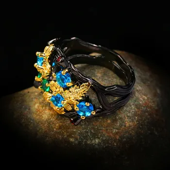 Vintage Ženy Rainbow Crystal Velký Klasický Prsten 14KT Černého Zlata Snubní Prsten Luxusní Svatební Květiny Snubní Prsteny Pro Ženy