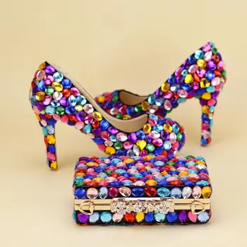 Vícebarevná velké cyrstal svatební boty s odpovídající tašky žena módní boty ženy Čerpadla Vysoké podpatky Party šaty boty big size