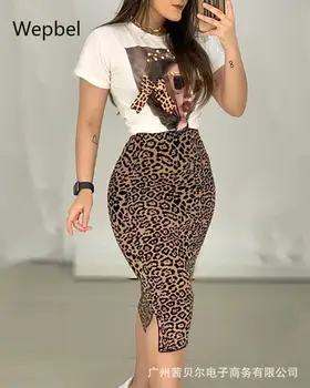 Wepbel Letní Ženy Leopard Sady Krátký Rukáv Topy Tričko + Vysoké Wasit Bodycon Sukně Print Sada Dvou Kus Set Ležérní Oblečení