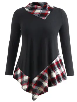 Wipalo Plus Velikosti 5XL Tartan Tisk Asymetrický T-Shirt Ženy Podzim Vysoký Límec Dlouhý Rukáv Kostkované Čalounění Tee Ladies Top Oblečení