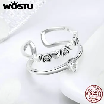 WOSTU Originální 925 Sterling Silver Svatební Srdce Jasné CZ Otevřené Kroužky Pro Ženy, Holčičí Šperky Svatební Party Stříbrný Prsten DXR429