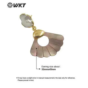 WT-E596 WKT Přírodní Shell Náušnice Zlaté Galvanicky Ventilátor Tvar Shell Náušnice A Perla Módní Náušnice Šperky Dárek Pro Lady