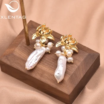 Xlentag Barokní Přírodní Perlový Náušnice Zlato Lotus Náušnice ve Tvaru Ženy, Dárky Ušlechtilé Luxusní Jednoduché Ruční Perlové Šperky GE0984