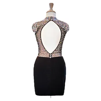 Černá 2017 Elegantní Koktejlové Šaty Plášť Rukávky Krátké Mini Korálky Krystaly Otevřené Zadní Šaty Návrat Domů