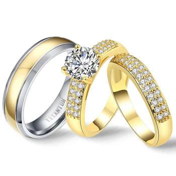Čistý Titan Snubní Prsteny Pár Luxusních Zlato Zirkony Svatební Prsten Set pro Dívky Snubní prsteny Zásnubní Božské Šperky