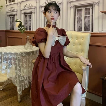 Šaty Ženy Luk Design Puff Rukáv Vínové Retro Japonské Kawaii Plus Velikost 2XL Módní Party Midi Šaty Letní Ženské Elegantní