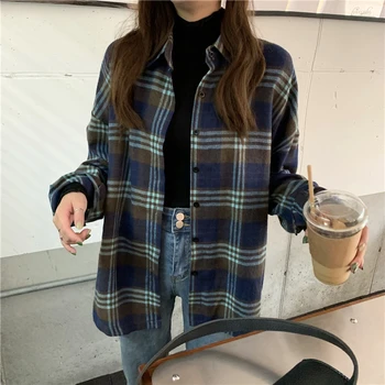Ženské Korean Harajuku Roztomilý Ležérní Kostkované Klopě Košile Dámské Košile Ulzzang Japonské Kawaii Dámy Vintage Oblečení Pro Ženy