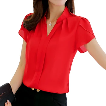 Ženy Šifon Halenka Femininas Topy Krátký Rukáv Elegantní Dámy Formální Office Blusas Plus Velikosti 3XL Šifon Tričko Oblečení