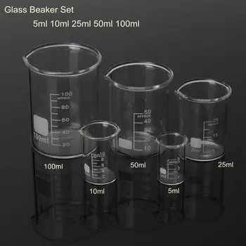 1 sada 5 ml / 10 ml / 25 ml / 50 ml / 100 ml borosilikátového skla, nízká kádinka, chemické laboratorní sklo
