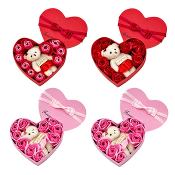 10 Srdce-tvar Mýdlo Květ Dárkový Box Valentines Day Vonící Okvětní Lístky růží s Medvědí Vánoce, Narozeniny, Svatební Dar Pro Přítelkyni