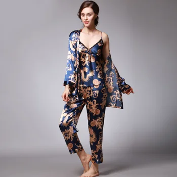 2019 Plus Velikost 3XL oblečení na Spaní Pyžamo Dámské 3 Kusy Pyžama Sady Saténové Hedvábí Květina Tisk oblečení pro volný čas oblečení na Spaní Pyžama Pijama