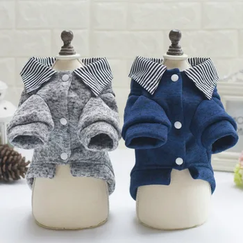 2020 Nové Módní Psí Oblečení korejský Styl Klopě Dvě nohy v Teple Tlačítko Svetr Tričko pro Psy Fleece Malý Bišonek Tmavě Modrá Ropa
