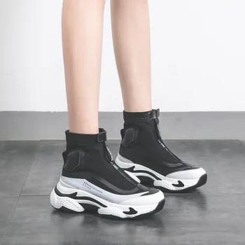 2020 nové Střední(6CM) Zip round toe High-top ležérní Prodyšné ponožky boty ženy tenisky ploché boty na platformě Obuv Mesh Ženy