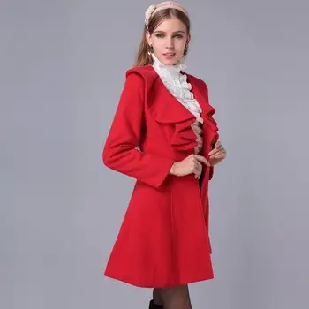 2020 Winter Volánky Límec Vlněný Kabát Ženy Štíhlé Středně dlouhé Plus Velikosti Slim Srst Žena Jediného Tlačítka Elegantní Kabát Svrchních oděvů
