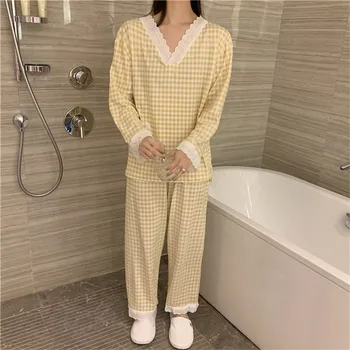 2020 ženy v krku kostkované pyžamo sady krajkové manžety rukáv kalhoty domácí oblek mujer pijama pyžamo jaro podzim prádlo L019