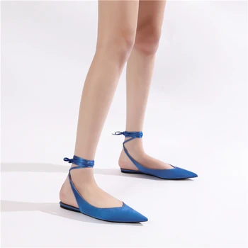 2021 Evropské a Americké jaro nové špičaté ploché dámské boty saténové tkaniny kotník popruh boty