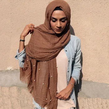 2021 Módní muslimské bavlna, vráska šátek hidžáb prostý islámské perly hlavu šátek šátky a osnovní turban fulárových femme musulman