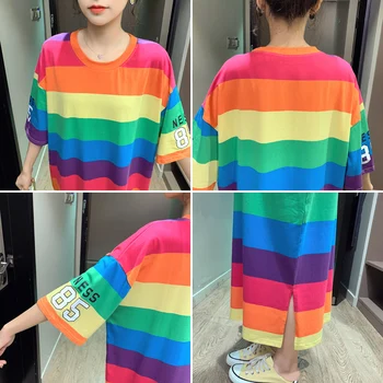 #2336 Pruhované Šaty Ženy Velké Velikosti Letní Krátkým Rukávem O-neck Bavlněné Tričko Šaty Femme Boční Split korejský Styl Volné Šaty