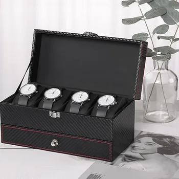 4 Rošty Double Layer Watch Box Carbon Fiber PU Hodinky Případ Krabice Držitel Organizátor Šperky Box pro Svatební Dekorace Nejlepší Dárek