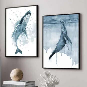 Akvarel Velryba Zvíře Plakát Abstraktní Modré Moře Krajiny Malířské Plátno Cuadros Umění Zdi Obrázky Nordic Obývací Pokoj Dekor