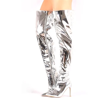 Arden Furtado 2017 nové nad kolena vysoké boty zlaté stříbrné boty na podpatku módní boty sexy vysoké podpatky plus velikosti špičaté toe boty