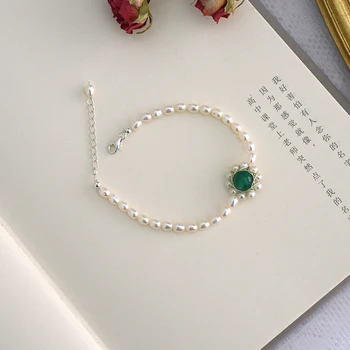 ASHIQI Přírodní sladkovodní pearl ruční 925 Sterling silver sun flower náramek Přírodní Achát jednoduchá osobnost