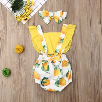 Baby Girl Romper Novorozeně Dívka Citron Ovoce Romper Kombinéza bez Rukávů Šaty Letní Kojenecká Oblečení Set 0-24M